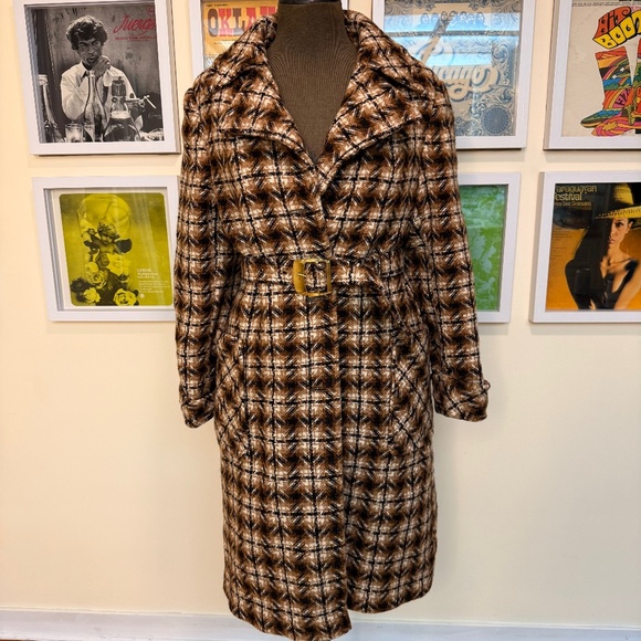 Vintage 70s Brown Plaid Belted Coat – Mid-Length - Picture 1 of 11